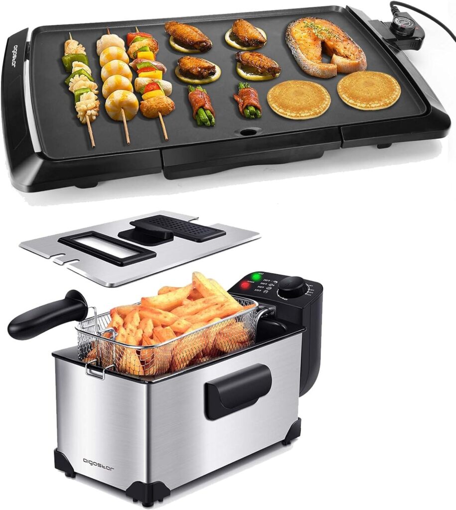 Aigostar Deep Fryer, Electric Griddle Nonstick 1500W Pancake, Deep Fat Fryers with Baskets, 3.2 QT Capacity Oil Frying Pot Temperature Control  View Window, 20” x 10” Family-Sized Home Roast Party