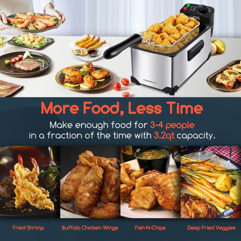 Aigostar Deep Fryer, Electric Griddle Nonstick 1500W Pancake, Deep Fat Fryers with Baskets, 3.2 QT Capacity Oil Frying Pot Temperature Control  View Window, 20” x 10” Family-Sized Home Roast Party
