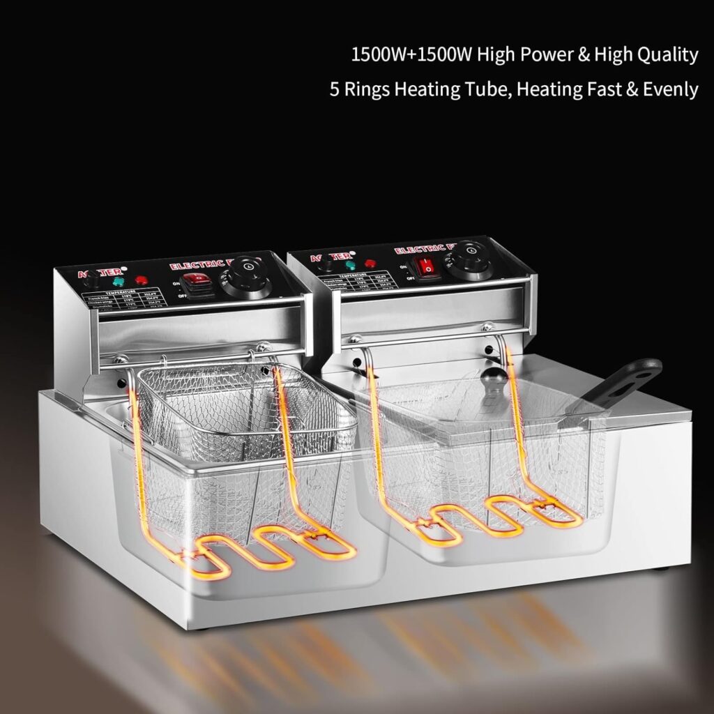 Commercial Electric Deep Fryer, AGKTER, Dual Tank Stainless Steel Deep Fryer with Basket  Lid, Over-Temperature Protection, Ideal for Restaurant and Home Use - 10.5qt+10.5qt, 1500W+1500W, 110V Commercial Electric Deep Fryer, AGKTER, Dual Tank Stainless Steel Deep Fryer with Basket  Lid, Over-Temperature Protection, Ideal for Restaurant and Home Use - 10.5qt+10.5qt, 1500W+1500W, 110V