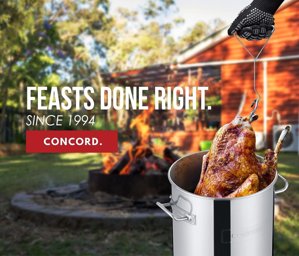 CONCORD Heavy Duty Stainless Steel Turkey Fryer Kit with Rack, Slicer, Hook, Thermometer, and heat proof gloves. Also great for Seafood Boil, Crawfish Boil, and more (Turkey Fryer Kit)