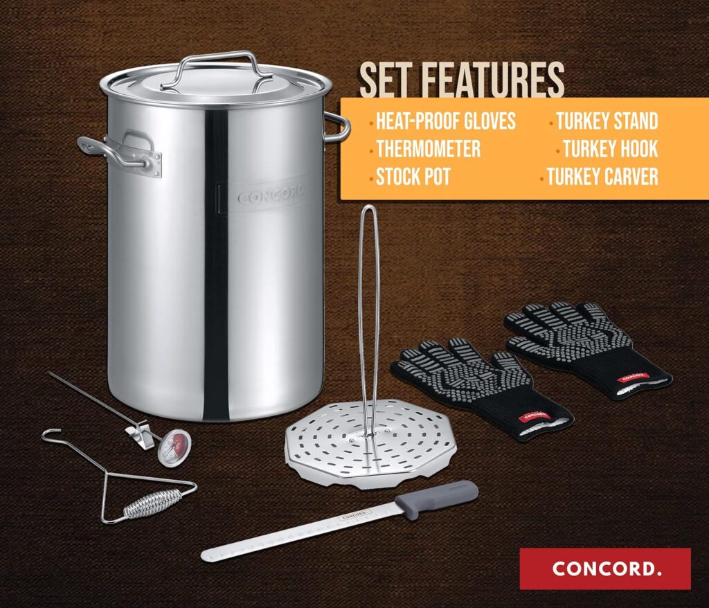 CONCORD Heavy Duty Stainless Steel Turkey Fryer Kit with Rack, Slicer, Hook, Thermometer, and heat proof gloves. Also great for Seafood Boil, Crawfish Boil, and more (Turkey Fryer Kit)
