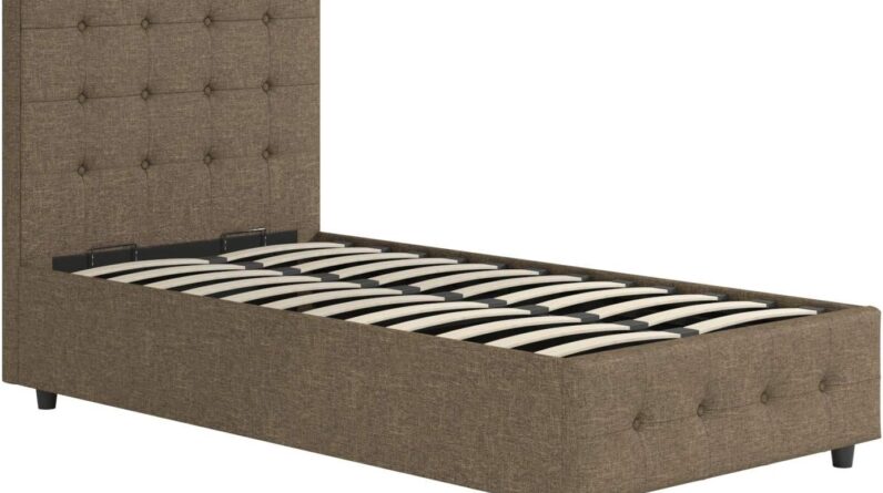 dhp cambridge gas lift upholstered platform bed with storage compartment and button tufted headboard and footboard no bo