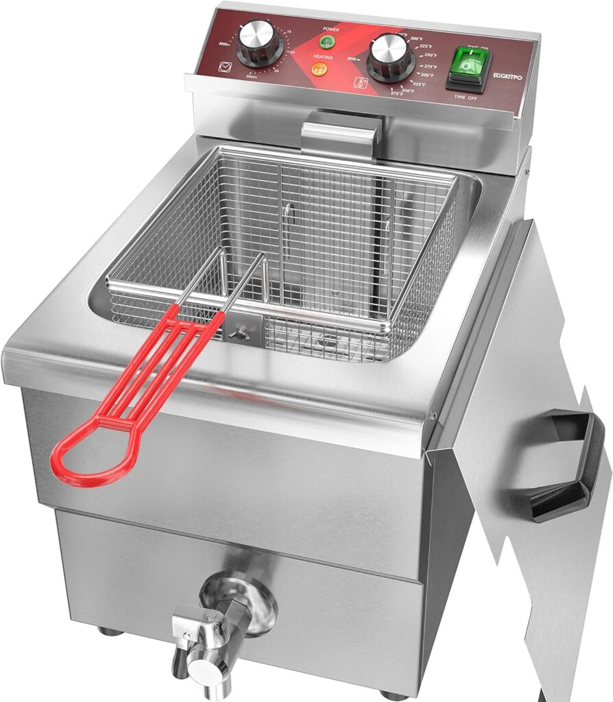 EGGKITPO Deep Fryer 12L Large Electric Fryer with Oil Drain and Timer Deep Fryer with Basket and Lid Stainless Steel Countertop Fryer Commercial Fryer for Restaurant and Home Kitchen 120V 1750W