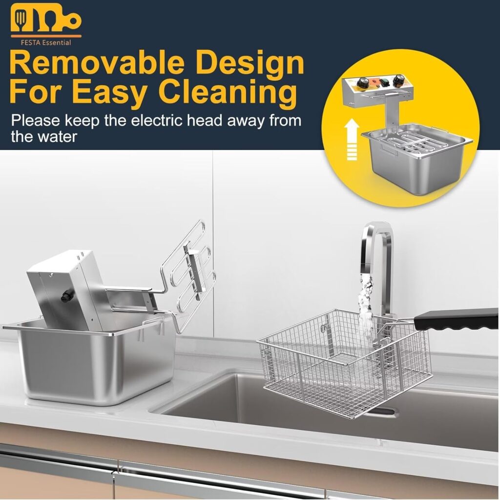 Festa Essential 13.6QT Electric Deep Fryer with 6L(6.5QT)Frying BasketLid,1750W Stainless Steel Commercial Countertop Single Tank Oil Fryers with Temperature ControlTimer for Home Kitchen Restaurant