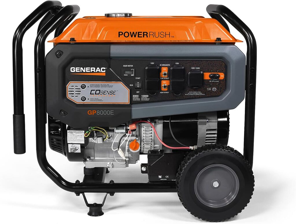 Generac GP8000E 8,000-Watt Gas-Powered Portable Generator - Electric Start, CO-Sense, CARB Compliant - Reliable Power for Emergencies  Recreation, Long Runtime, Durable Design