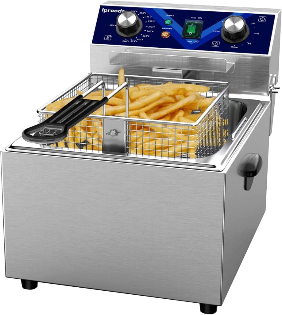 Iproods Electric Deep Fryer with Basket and Lid, Stainless Steel 10.5QT Kitchen Frying Machine for Commercial and Home, with Temperature and Timing Adjustable, 110V 1800W