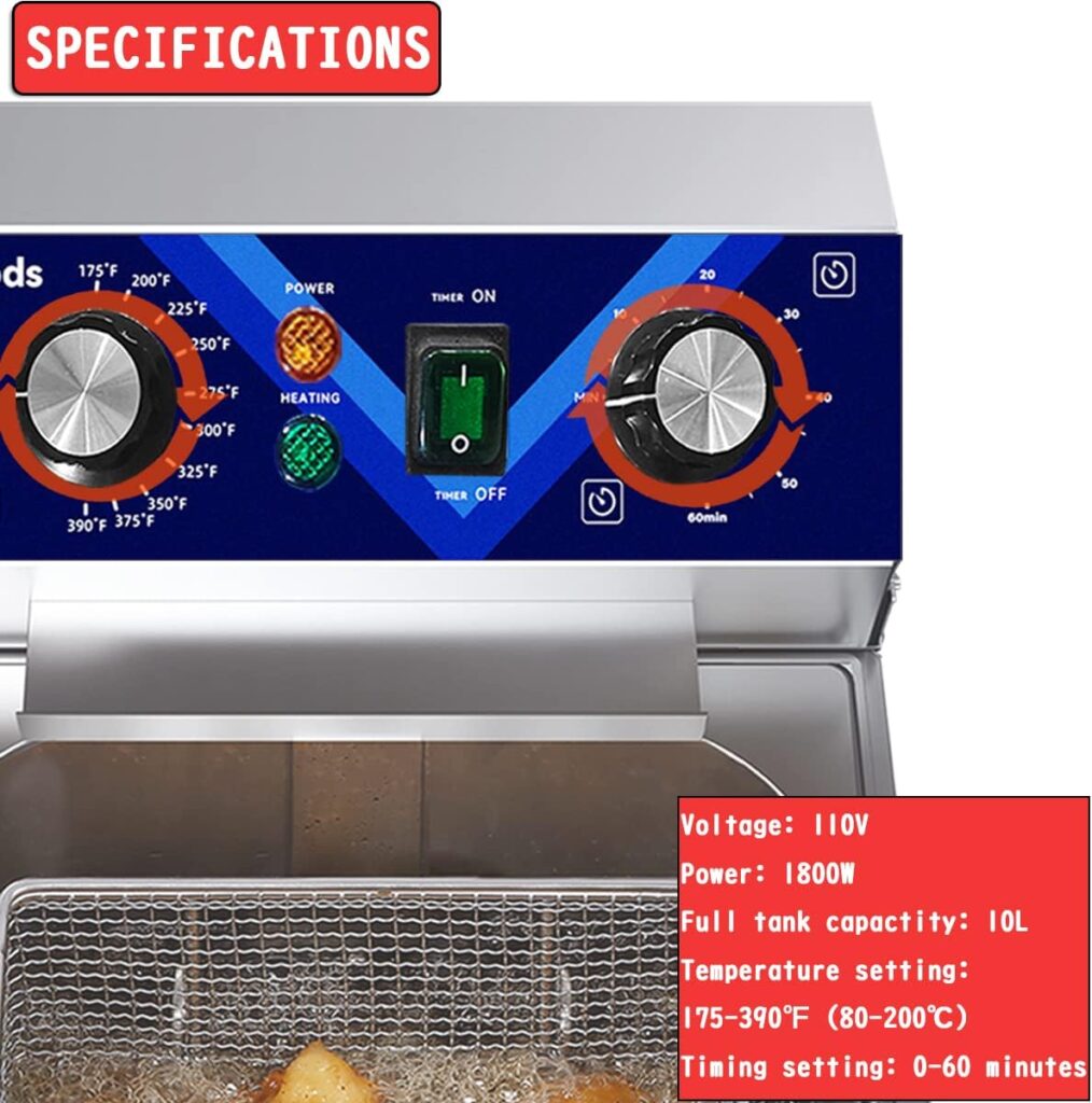 Iproods Electric Deep Fryer with Basket and Lid, Stainless Steel 10.5QT Kitchen Frying Machine for Commercial and Home, with Temperature and Timing Adjustable, 110V 1800W