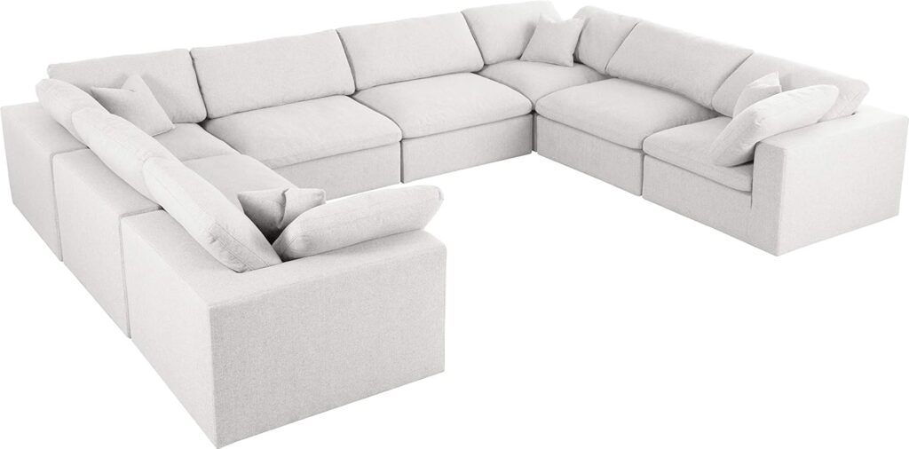 Meridian Furniture Serene Collection Modern | Contemporary Deluxe Comfort Modular Sectional, Soft Linen Textured Fabric, Down Cushions, 4 Corner + 4 Armless, Cream