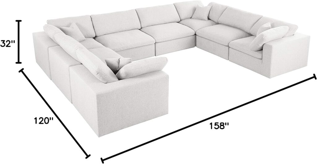 Meridian Furniture Serene Collection Modern | Contemporary Deluxe Comfort Modular Sectional, Soft Linen Textured Fabric, Down Cushions, 4 Corner + 4 Armless, Cream