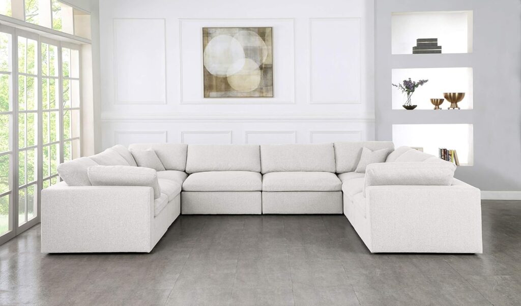 Meridian Furniture Serene Collection Modern | Contemporary Deluxe Comfort Modular Sectional, Soft Linen Textured Fabric, Down Cushions, 4 Corner + 4 Armless, Cream