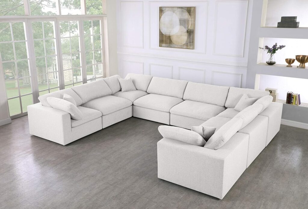 Meridian Furniture Serene Collection Modern | Contemporary Deluxe Comfort Modular Sectional, Soft Linen Textured Fabric, Down Cushions, 4 Corner + 4 Armless, Cream