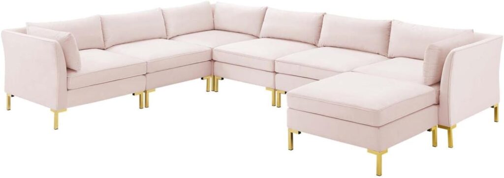 Modway Ardent Performance Velvet Sectional Sofa, 7-Piece Set, Pink