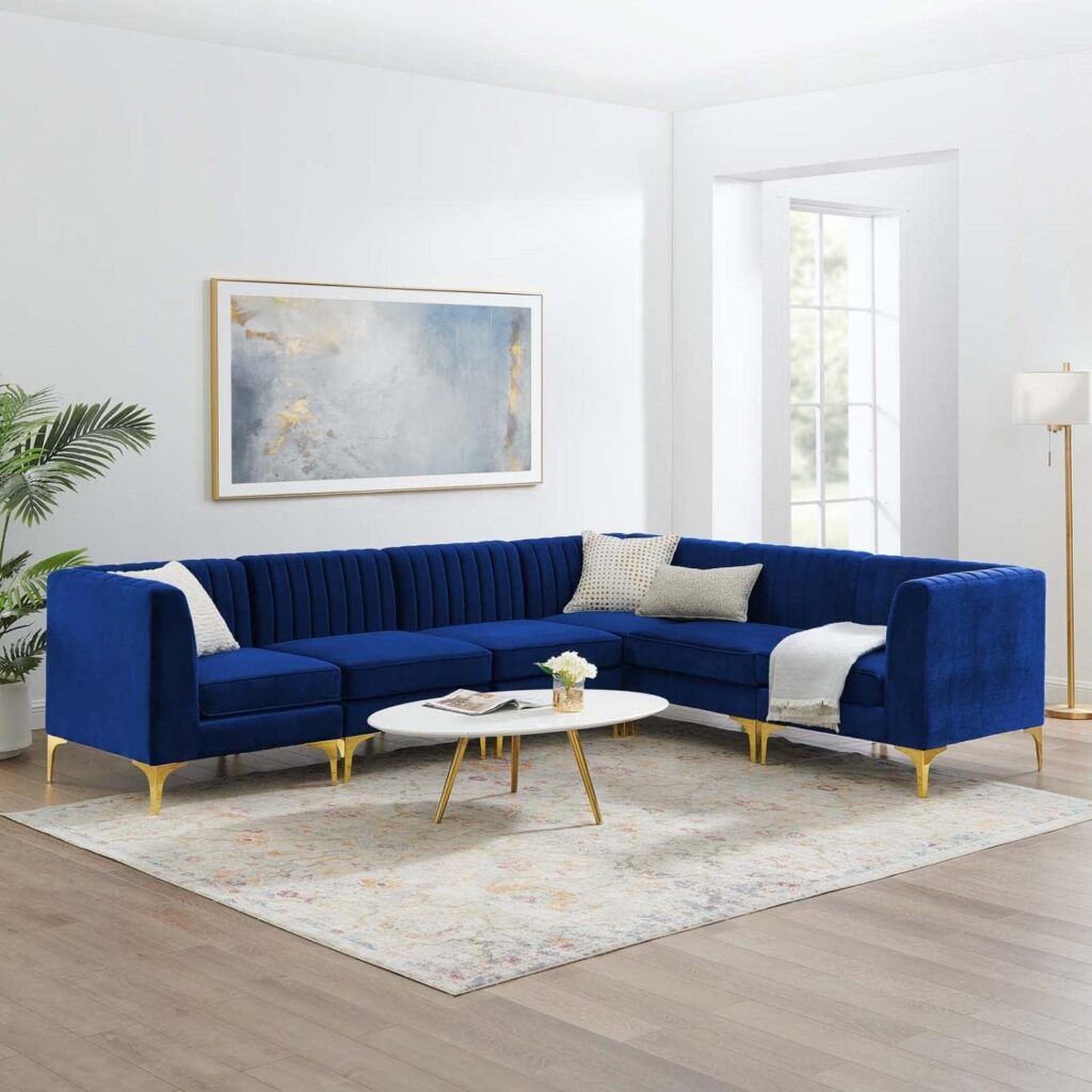 Modway Triumph Channel Tufted Performance Velvet 6-Piece Sectional Sofa, Navy
