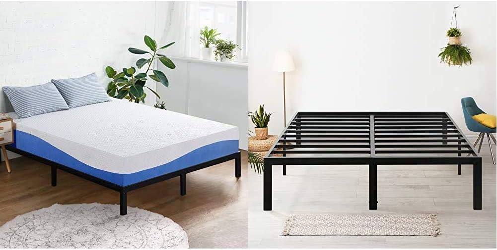 Olee Sleep 10 Inch Gel Infused Layer Top Memory Foam Mattress, King, Blue 18 inch Heavy Duty King Steel Slat, No Box Spring Needed, Metal, Black Olee Sleep 10 Inch Gel Infused Layer Top Memory Foam Mattress, King, Blue 18 inch Heavy Duty King Steel Slat, No Box Spring Needed, Metal, Black