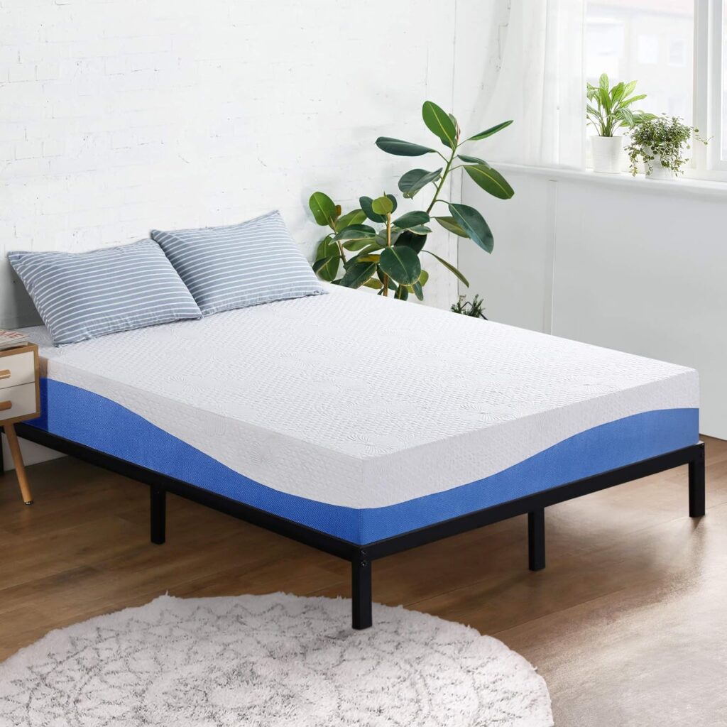 Olee Sleep 10 Inch Gel Infused Layer Top Memory Foam Mattress, King, Blue 18 inch Heavy Duty King Steel Slat, No Box Spring Needed, Metal, Black Olee Sleep 10 Inch Gel Infused Layer Top Memory Foam Mattress, King, Blue 18 inch Heavy Duty King Steel Slat, No Box Spring Needed, Metal, Black