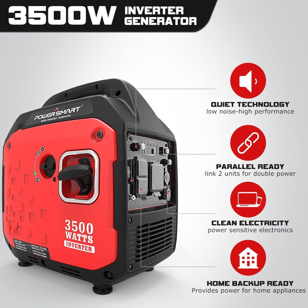PowerSmart Portable Inverter Generator, 3500W Super Quiet Gas Engine, Eco-Mode Feature, Ultra Lightweight for Backup Home Use, Camping, RV Ready, CARB Compliant (PS5035A)
