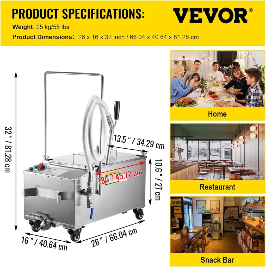 VEVOR Mobile Fryer Filter, 80 LBS/40 L/10.56 Gal Capacity, 300W Oil Filtration System with 5 L/min Flow Rate, Mobile Frying Oil Filtering System with 10 L/min Pump  Oil Hose, 110V/60Hz