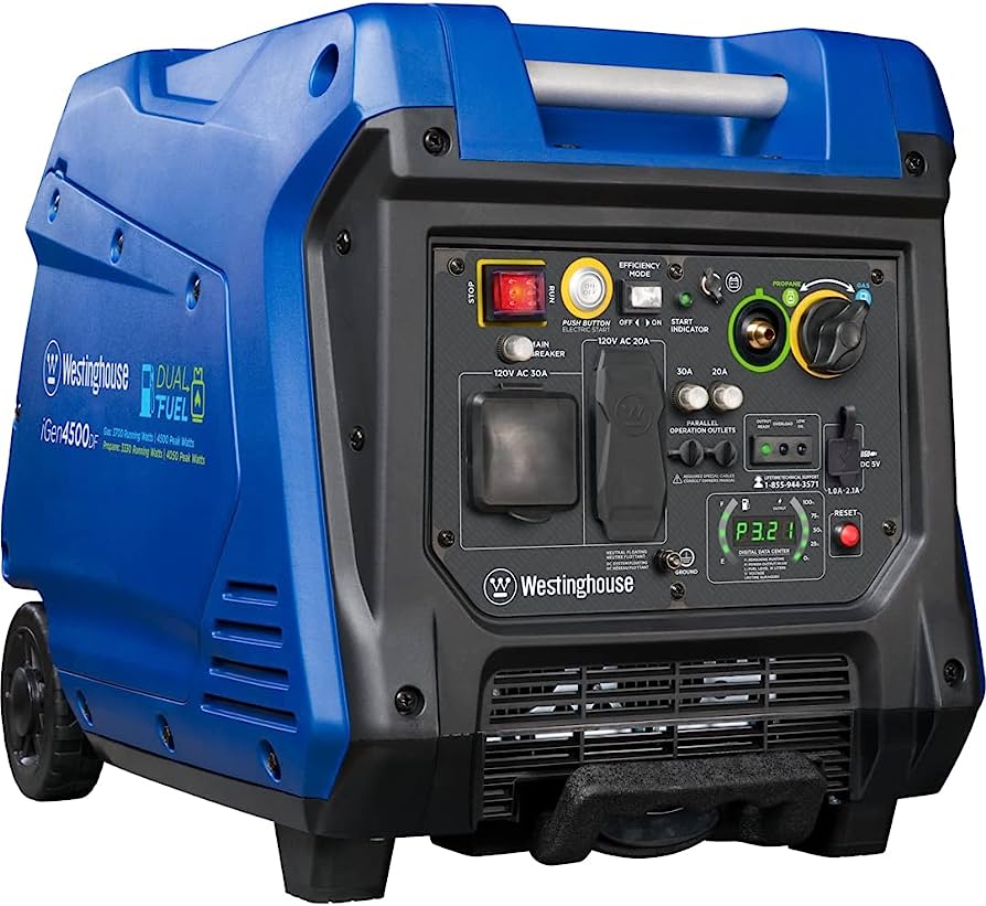 Westinghouse 4500 Peak Watt Super Quiet Dual Fuel Portable Inverter Generator, Remote Electric Start, Gas  Propane Powered, RV Ready 30A Outlet, Parallel Capable Westinghouse 4500 Peak Watt Super Quiet Dual Fuel Portable Inverter Generator, Remote Electric Start, Gas  Propane Powered, RV Ready 30A Outlet, Parallel Capable