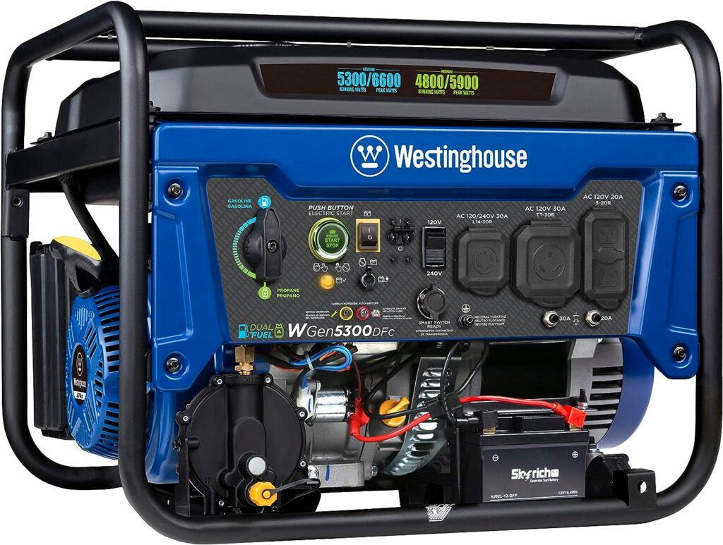Westinghouse Outdoor Power Equipment 6600 Peak Watt Dual Fuel Home Backup Portable Generator, Remote Electric Start, Transfer Switch Ready, RV Ready, CO Sensor, CARB Compliant Westinghouse Outdoor Power Equipment 6600 Peak Watt Dual Fuel Home Backup Portable Generator, Remote Electric Start, Transfer Switch Ready, RV Ready, CO Sensor, CARB Compliant