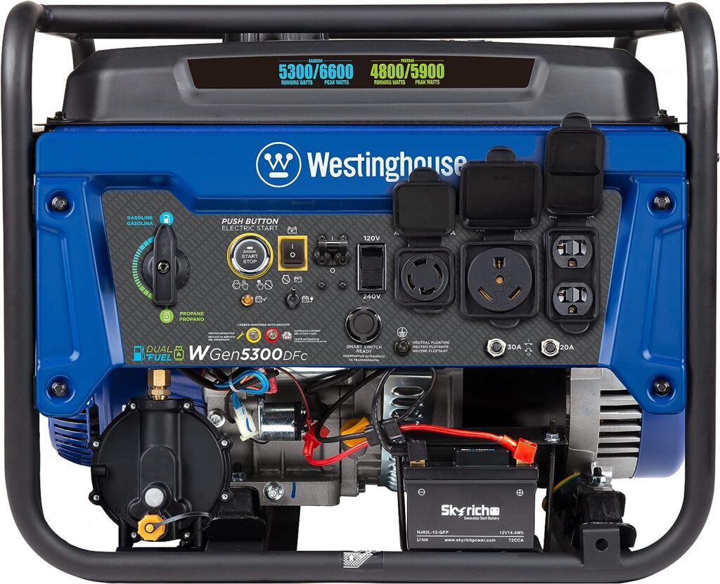 Westinghouse Outdoor Power Equipment 6600 Peak Watt Dual Fuel Home Backup Portable Generator, Remote Electric Start, Transfer Switch Ready, RV Ready, CO Sensor, CARB Compliant Westinghouse Outdoor Power Equipment 6600 Peak Watt Dual Fuel Home Backup Portable Generator, Remote Electric Start, Transfer Switch Ready, RV Ready, CO Sensor, CARB Compliant
