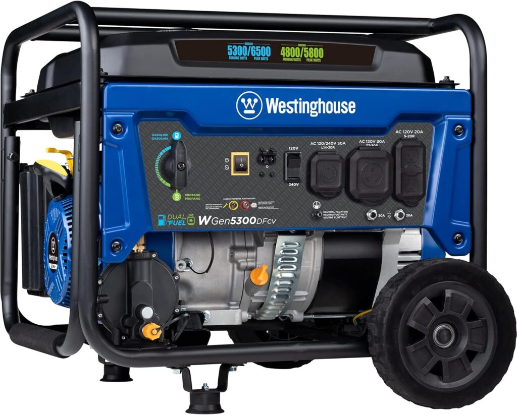 Westinghouse Outdoor Power Equipment 6600 Peak Watt Dual Fuel Home Backup Portable Generator, Transfer Switch Ready 30A Outlet, RV Ready 30A Outlet, CO Sensor, CARB Compliant Westinghouse Outdoor Power Equipment 6600 Peak Watt Dual Fuel Home Backup Portable Generator, Transfer Switch Ready 30A Outlet, RV Ready 30A Outlet, CO Sensor, CARB Compliant
