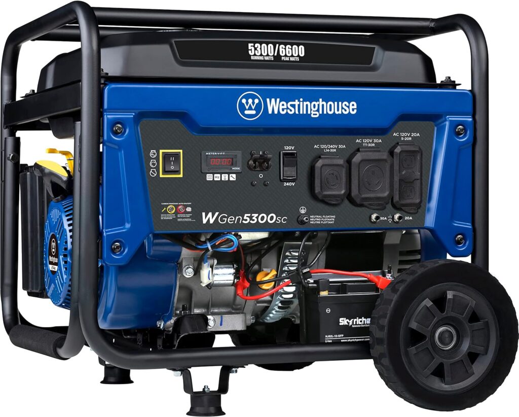 Westinghouse Outdoor Power Equipment 6600 Peak Watt Home Backup Portable Generator, Electric Start, Transfer Switch Ready 30A Outlet, RV Ready 30A Outlet, CO Sensor, CARB Compliant,Blue