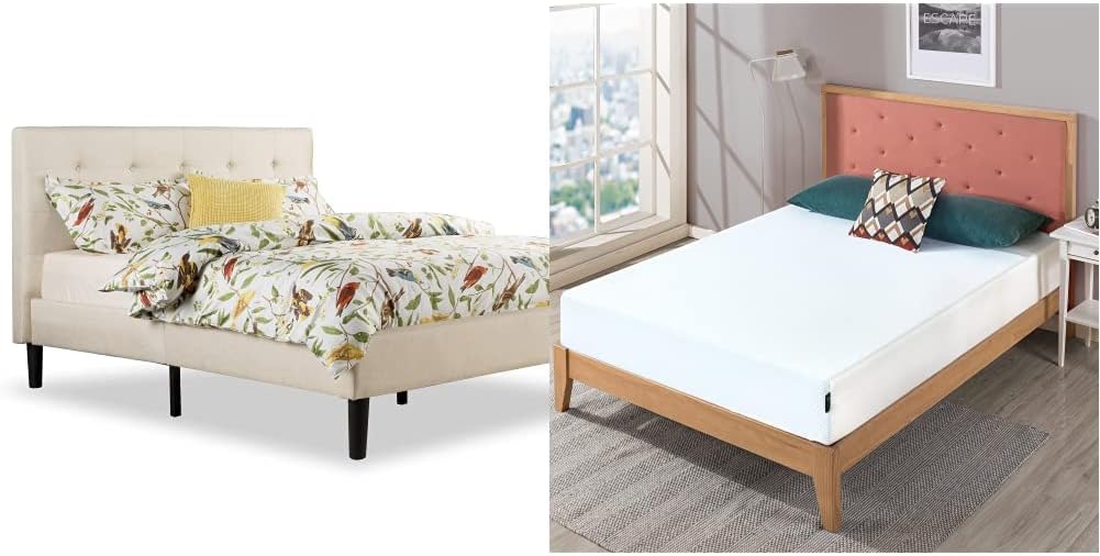 Zinus Ibidun Upholstered Button Tufted Platform Bed,Beige  10 Inch Green Tea Cooling Gel Memory Foam Mattress / Cooling Gel Foam / Pressure Relieving / CertiPUR-US Certified / Bed-in-a-Box, Full