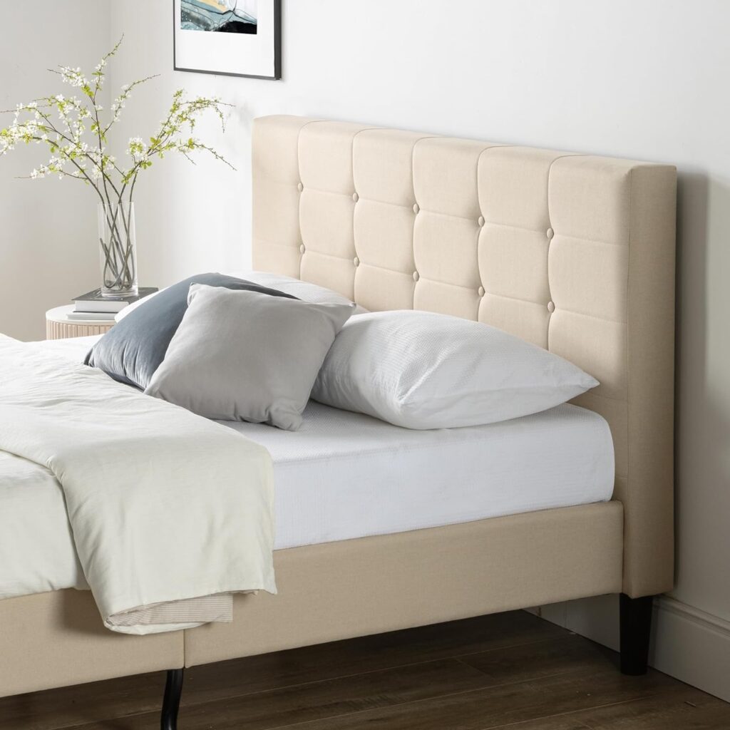 Zinus Ibidun Upholstered Button Tufted Platform Bed,Beige  10 Inch Green Tea Cooling Gel Memory Foam Mattress / Cooling Gel Foam / Pressure Relieving / CertiPUR-US Certified / Bed-in-a-Box, Full