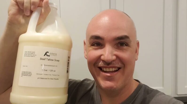 SOFT SKIN? AlchemistExpress Sandalwood Scented Beef Tallow Liquid Soap Review Unboxing Demo